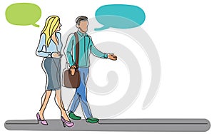 Continuous line drawing of two business persons walking together and talking with speech bubbles