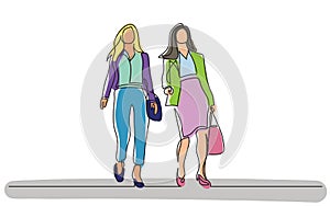 Continuous line drawing of two business women walking together and talking