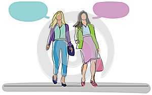 Continuous line drawing of two business women walking together and talking with speech bubbles
