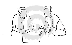 Continuous line drawing of two businessmen sitting and talking