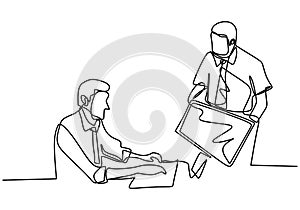 Continuous line drawing of two coworkers discussing work on screen. Professional young man in front of computer watching laptop