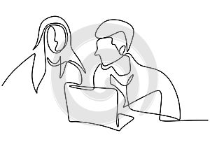 Continuous line drawing of two coworkers discussing work on screen. Young man and young woman in front of computer watching laptop