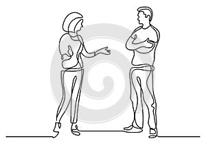 Continuous line drawing of two coworkers standing and talking photo