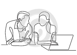 Continuous line drawing of two coworkers talking