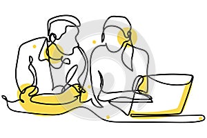 Continuous line drawing of two coworkers talking with laptop.