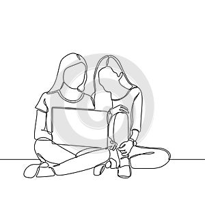 Continuous line drawing of two girl with laptop minimalist design one hand drawn concept of college woman study and discussion