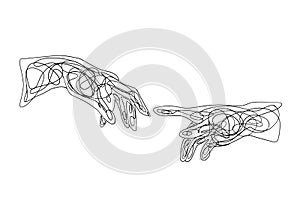 Continuous line drawing of two hands barely touching one another.