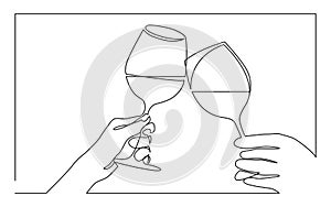 Continuous line drawing of two hands cheering with glasses of wine