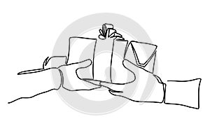 Continuous line drawing of two hands holding gift box with ribbon. continuous line drawing of hand Hands giving gift box