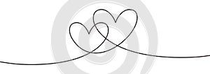 Continuous line drawing two hearts embracing, Black and white vector minimalist illustration of love concept minimalism one hand photo