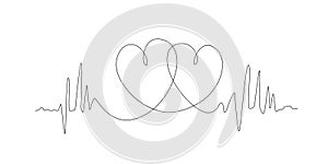 Continuous line drawing of two hearts with heartbeat line on black and white background. Love and passion concept
