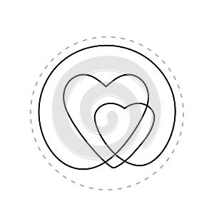 Continuous line drawing of two hearts inside circle, Black and white vector minimalist illustration of family and love