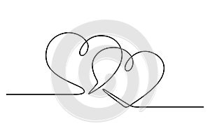 Continuous line drawing. Two hearts. Love.