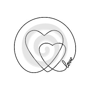 Continuous line drawing of two hearts and word LOVE, Black and white vector minimalist illustration of love