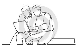 Continuous line drawing of two men discussing work task on laptop computer