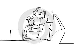 Continuous line drawing of two men discussing work task on laptop computer. Young another man teach to analyze data from database