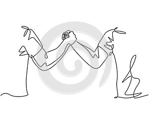 Continuous line drawing of two men wearing shirt handshaking to show sportsmanship at match field. Teamwork together in sport