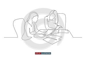 Continuous line drawing of two woman business brief, presentation or training. Vector illustration.
