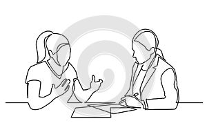 Continuous line drawing of two women discussing signing paperworks