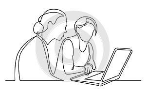 Continuous line drawing of two women sitting and watching laptop computer