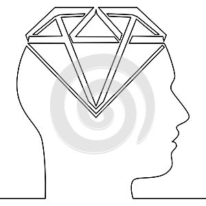 Continuous line drawing A valuable idea, a diamond in a human head icon vector illustration concept