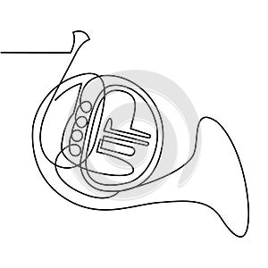 Continuous Line Drawing of Vector Brass wind musical instrument. French horn. Single line icon.