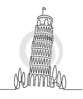 Continuous Line Drawing of Vector Italian landmark Piza Tower, Italy. Vector illustration, simple linear travel concept photo