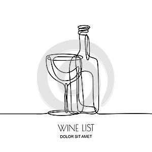 Continuous line drawing. Vector linear black illustration of wine bottle and glass isolated on white background.