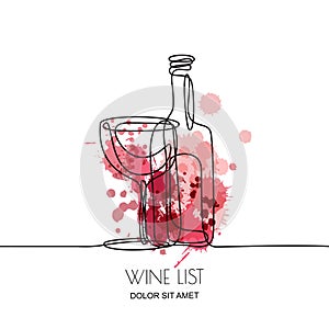 Continuous line drawing. Vector linear illustration of red or rose wine and glass on watercolor splashes background.