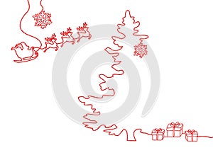 Continuous one line drawing of a Christmas holiday, Santa Claus on a sleigh, deer, Christmas tree, Snowflakes, Gifts.