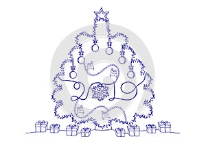 Continuous line drawing of a Happy New Year Holiday, Christmas tree and toys, Snowflakes, Deer, Gifts and deer.