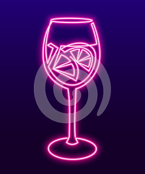 Continuous line drawing. Vector neon sign Wineglass with wine or coctail. One Line art of wine glass with citrus Fun