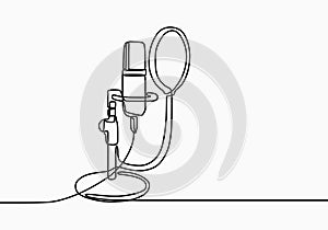 Continuous line drawing of vector radio station microphone icon. Podcast microphone hand draw minimalist design painted on white