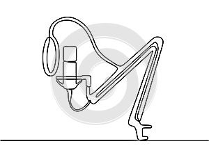 Continuous line drawing of vector radio station microphone icon. Podcast microphone hand draw minimalist design painted on white