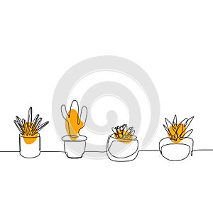 Continuous Line Drawing of Vector Set of Cute Cactus Black and White Sketch House Plants Isolated on White Background. Potted