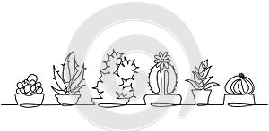 Continuous Line Drawing of Vector Set of Cute Cactus Black and White Sketch House Plants Isolated on White Background.