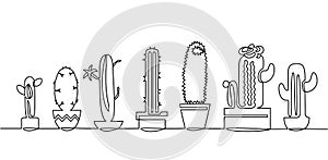 Continuous Line Drawing of Vector Set of Cute Cactus Black and White Sketch House Plants Isolated on White Background.