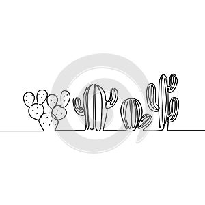 Continuous Line Drawing of Vector Set of Cute Cactus Black and White Sketch House Plants Isolated on White Background. Potted