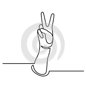 Continuous Line Drawing of Vector Sign of victory. The gesture of the hand one line.