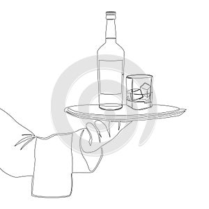 Continuous line drawing waiter hand holding tray with bottle and glass icon vector illustration concept