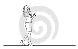 Continuous line drawing of walking business woman speaking on mobile phone