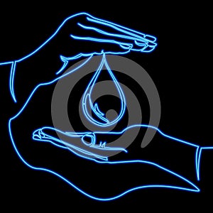 Continuous line drawing water drop between hands neon