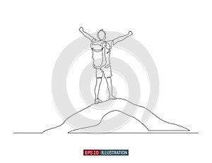 Continuous line drawing of winner man on mountain peak. Climber on mountain top silhouette. Victory symbol.