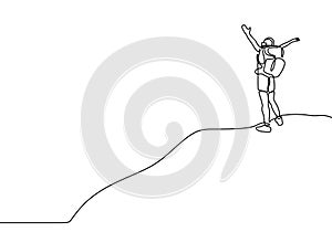 Continuous line drawing of winner man on mountain peak. Climber on mountain top silhouette. Victory symbol. Template for your