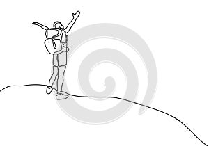 Continuous line drawing of winner man on mountain peak. Climber on mountain top silhouette. Victory symbol. Template for your