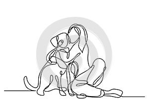 Continuous line drawing of woman with dog
