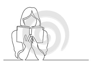 Continuous line drawing of woman focused on reading interesting book