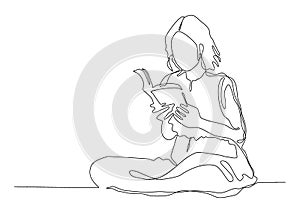 Continuous line drawing woman. Girl sitting reading a book