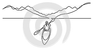 Continuous line drawing of woman kayaking on beautiful lake waters