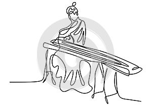 Continuous line drawing of woman with Koto, traditional Japanese music. A beautiful girl wearing a Kimono is sitting while playing